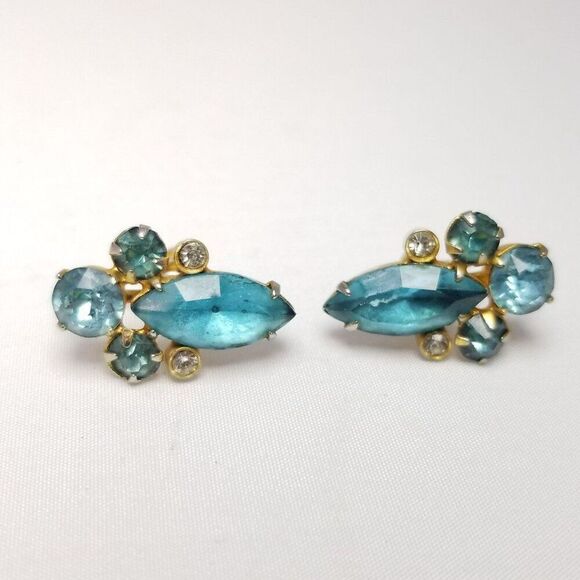 Vintage Blue Rhinestone Clip On Screw Back Earrings, Gold Tone Setting, Estate - Picture 5 of 6